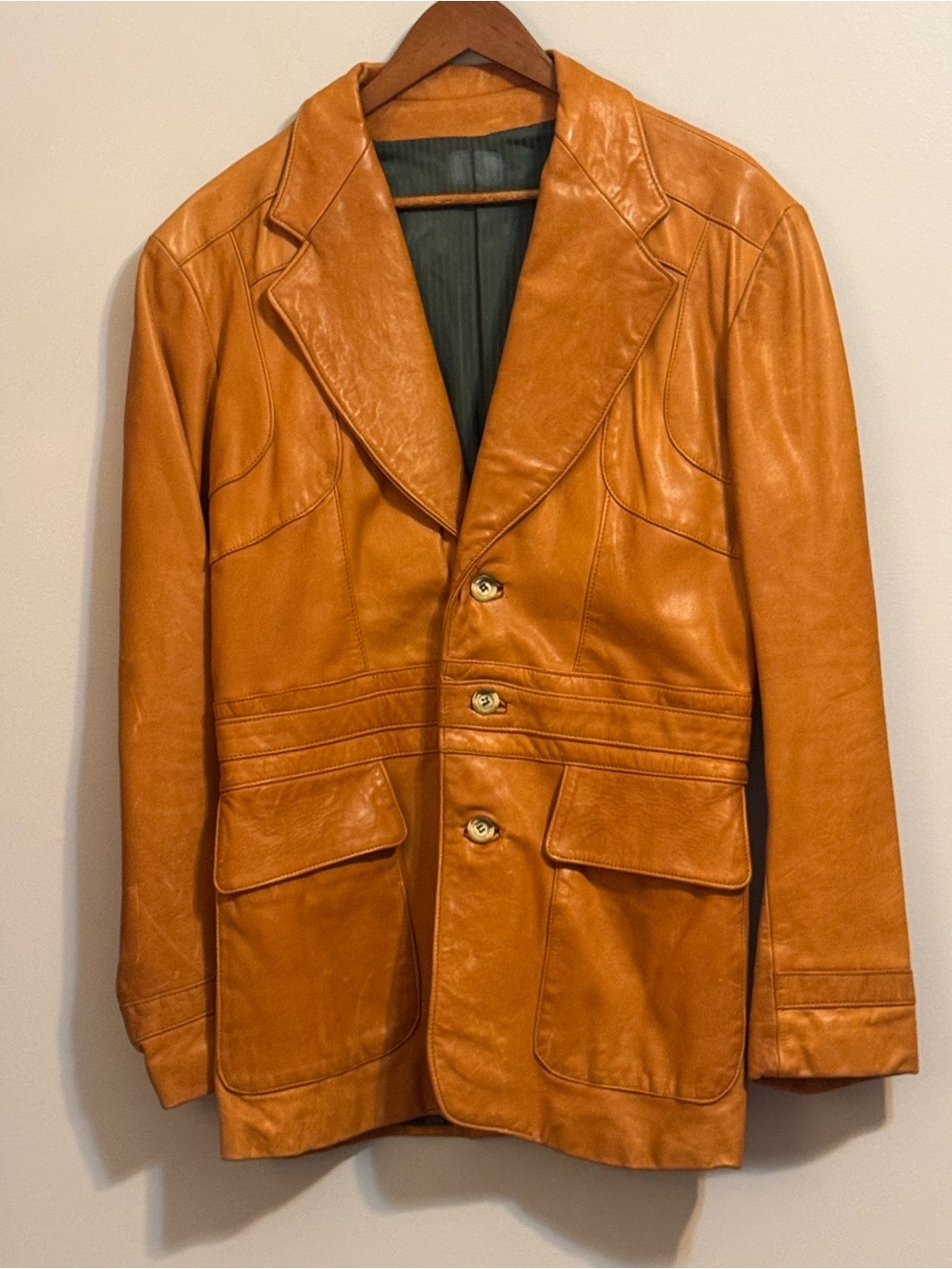 Vintage 70s Men’s Cognac Leather Blazer Wide Lapel Patch Pocket Jacket